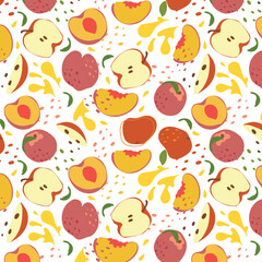 Abstract pattern red apple and peach in flat style. Fresh Seamless pattern. Summer time print. For vape, juice or ice cream background.