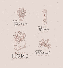 Hand drawn hot air balloon, test tube, hand, toaster labels drawing in floral style with brown on pink background