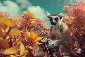 close-up, lemur sits in the wild among flowering bushes, beige tinted frame