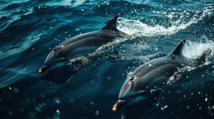 Fototapeta premium Dolphins jumping in ocean waters. Aquatic Sealife. Ocean. Endangered. Intelligent species. 