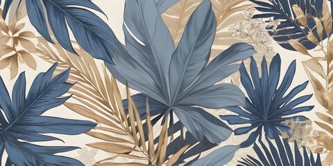 Tropical floral wallpaper. Illustrations of plants, palm leaves and flowers for poster, greeting card, background or invitation. Muted trendy blue, beige, gold and bronze colors