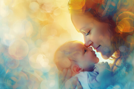 happy mother hugs the baby tightly, with her eyes closed, sniffs the baby with her nose, maternal love, texture with bokeh