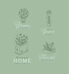 Hand drawn hot air balloon, test tube, hand, toaster labels drawing in floral style on green background