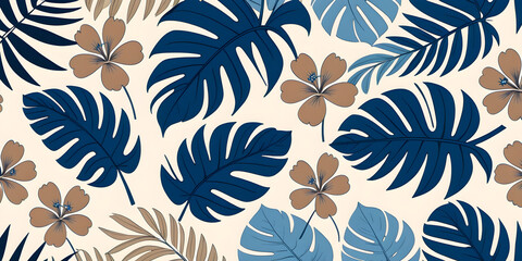 Tropical floral wallpaper. Illustrations of plants, palm leaves and flowers for poster, greeting...
