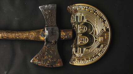 A gold Bitcoin is being split in half by a hammer on a stark black background. The image showcases the act of Bitcoin halving, happening approximately every four years, after another 210.000 blocks