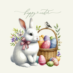 Watercolor Easter bunny rabbit with a basket of painted Easter eggs.