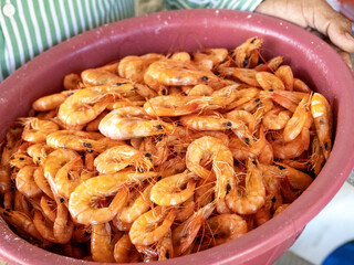 A bowl full of large king prawns. Colombia
