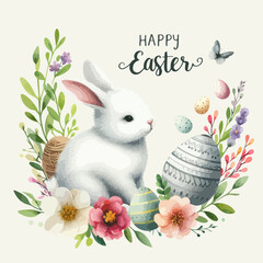Watercolor Easter bunny rabbit with Easter eggs and flowers.