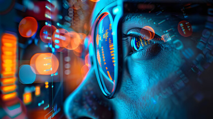 Data reflecting on eyeglasses on man's face. Computrer programmer big data and ux designer concept - obrazy, fototapety, plakaty