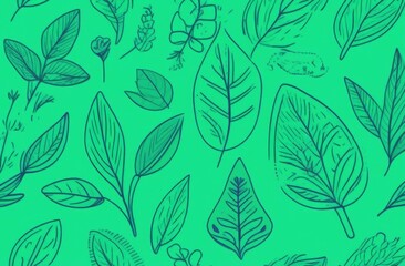 Obraz premium Green background with drawing of leaves and flowers. Drawing is of various types of leaves and flowers, with some of them being large and small. Concept of growth and vitality background. Copy space.