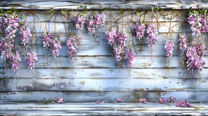 Rustic Spring Charm: Blooming Lilacs and Pink Flowers on Wooden Background, A Celebration of Seasonal Beauty