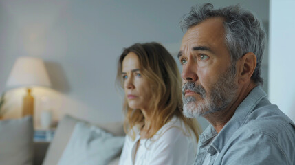 Middle age man and woman couple looks stress from problem issue background white light living room - obrazy, fototapety, plakaty