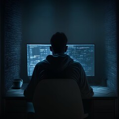 Hacker sits at computer with his back