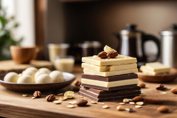 Fototapeta na wymiar The tiles of white and dark chocolate are stacked on top of each other. On a wooden table against the background of the kitchen. Scattered nuts.