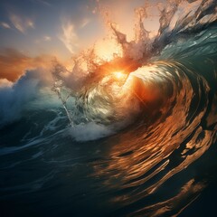 ocean waves and sun, sea wave, sunset over the sea
