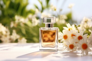 Luxury bottle of perfume and daisies flowers, close-up view. Summer perfumery store horizontal banner - obrazy, fototapety, plakaty
