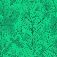 Fototapeta na wymiar Green background with drawing of leaves and flowers. Drawing is of various types of leaves and flowers, with some of them being large and small. Concept of growth and vitality background. Copy space.