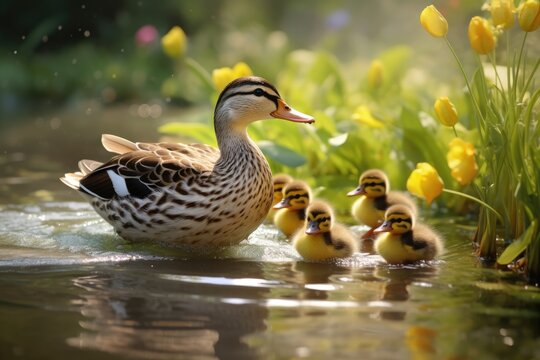 A mother duck leading her ducklings across a pond. duck swimming in the pond in the park beauty of nature's  , Ai generated