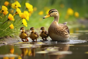 Wildlife moment as  A mother duck leading her ducklings across a pond. Mallard duck family reflects in tranquil pond generated, Ai generated - obrazy, fototapety, plakaty