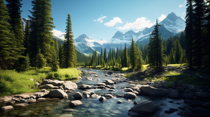 Photorealistic image, dense pine forests Banff National Park - obrazy, fototapety, plakaty