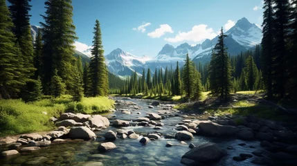 Fotobehang Photorealistic image, dense pine forests Banff National Park © dutchanee