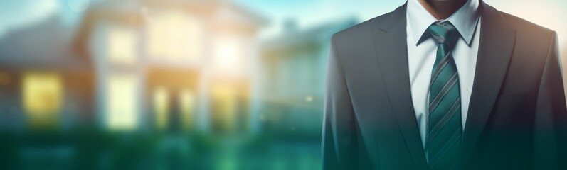 Man in Suit and Tie Standing in Front of House - Powered by Adobe