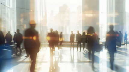 Rush hour in a modern business environment, capturing the motion and crowd in an abstract of blurred lines and architecture - obrazy, fototapety, plakaty