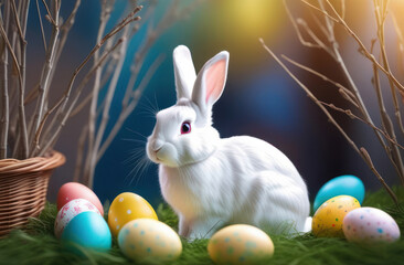 White cute rabbit in the grass next to Easter eggs and willow branches. Celebration of Holy Easter