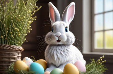 A cute white bunny sits near a basket of Easter eggs. Celebration of Holy Easter