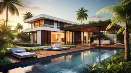 Fototapeta premium Modern House With Pool and Lounge Chairs