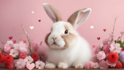 Beautiful rabbit in flowers, postcard