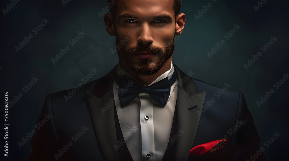 Poster rich man in suit with bow tie against dark background