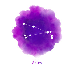 Constellation Aries on a bright purple watercolor stain isolated on a white background. Zodiac sign, horoscope symbol on handmade watercolor texture. Vector illustration.