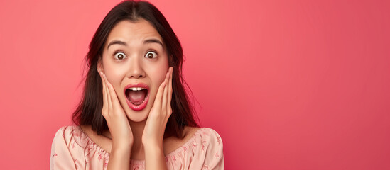 A young woman looking surprised and excited, with hands on her face against a bright pink background..