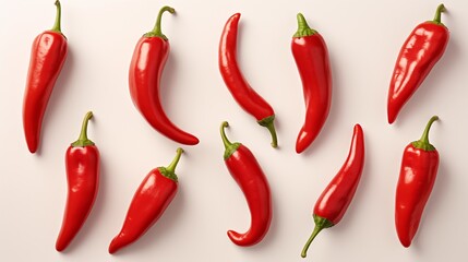 A group of red chili peppers on a white background, arranged in an aesthetically pleasing composition. The red chili bell is a bright and colorful hot pepper with no seeds - obrazy, fototapety, plakaty