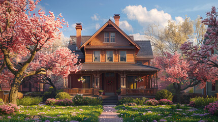 The facade of a craftsman house in spring, surrounded by blooming cherry blossoms, showcasing the...