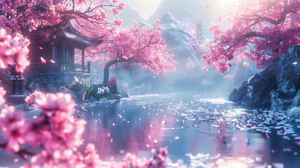 Springtime Sakura Bloom in Japan, Picturesque Cherry Blossom Scenery, Essence of Japanese Beauty