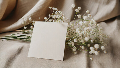 Aesthetic mock up of blank paper card and gypsophila flowers on neutral beige linen texture