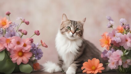 cat sit among the flowers, beautiful, postcard