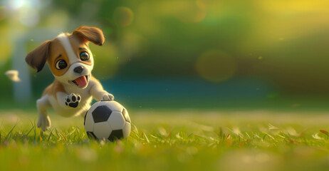 Illustration of happy puppy playing soccer on green grass