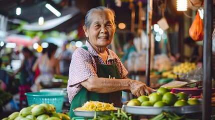 Older Woman Selling Fruit in Thai Market - obrazy, fototapety, plakaty