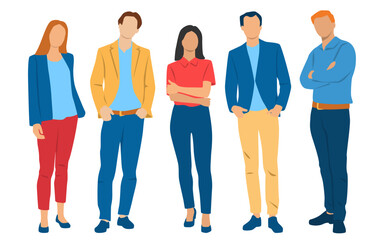 Obraz premium Set of young men and women , different colors, cartoon character, group of silhouettes of standing business people, students, design concept of flat icon, isolated on white background