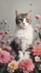 Beautiful cat in flowers, postcard