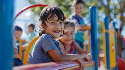 Fototapeta na wymiar Happy Children Smiling on Playground Equipment
