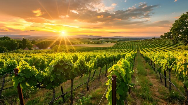 Colorful Sunset over Vineyard in the Style of Futurism