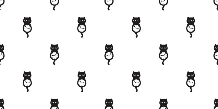 cat seamless pattern clock vector kitten calico munchkin neko pet cartoon doodle tile background gift wrapping paper repeat wallpaper illustration isolated design