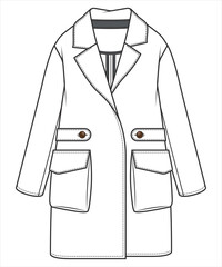 Coat Design for Girls, Snow Coat Vector Flat Sketch, Technical Drawing, Clothing Fashion. Black and white Coat design vector illustration for winter fashion. Outerwear waterproof clothing.