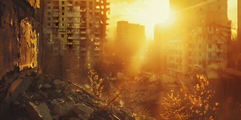 Dystopian background with destroyed city symbolizing catastrophe and doomsday scenario. Concept Dystopian Setting, Destroyed Cityscape, Catastrophic Imagery, Apocalyptic Vibe, Doomsday Scenario