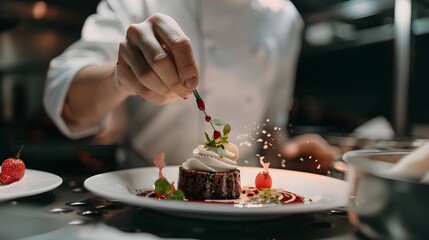 Fototapeta na wymiar Chef Preparing Dessert in a Restaurant