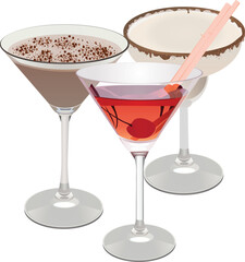 A set of alcoholic cocktails in glass glasses